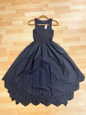 GAP Black Sleeveless Midi Dress with Scalloped Eyelet Hem XSP NWT